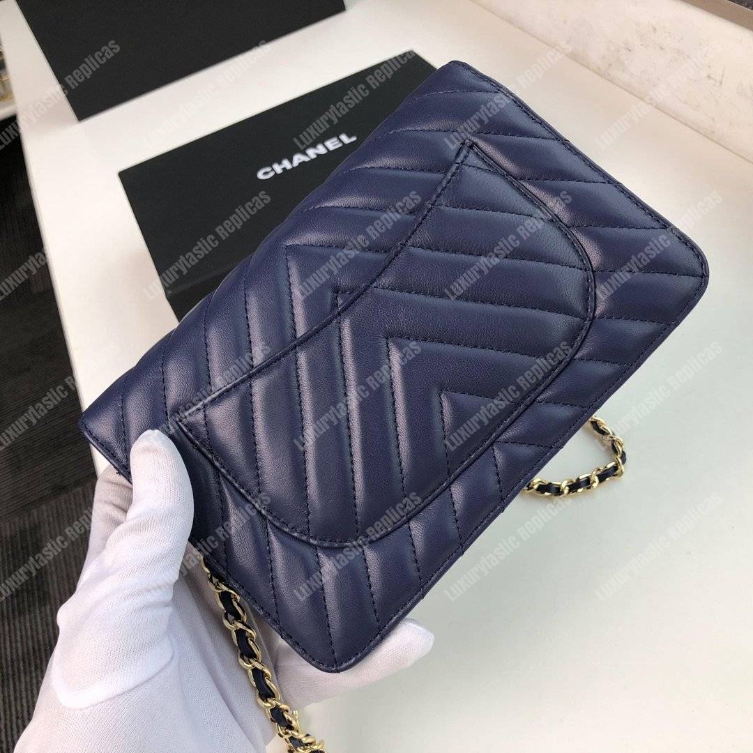 Ch*el wallet on chain – woc chevron lambskin dark blue gold-toned