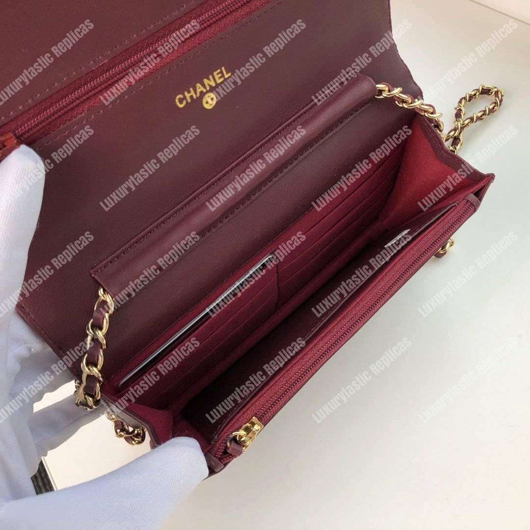 Ch*el wallet on chain – woc chevron lambskin maroon gold-toned
