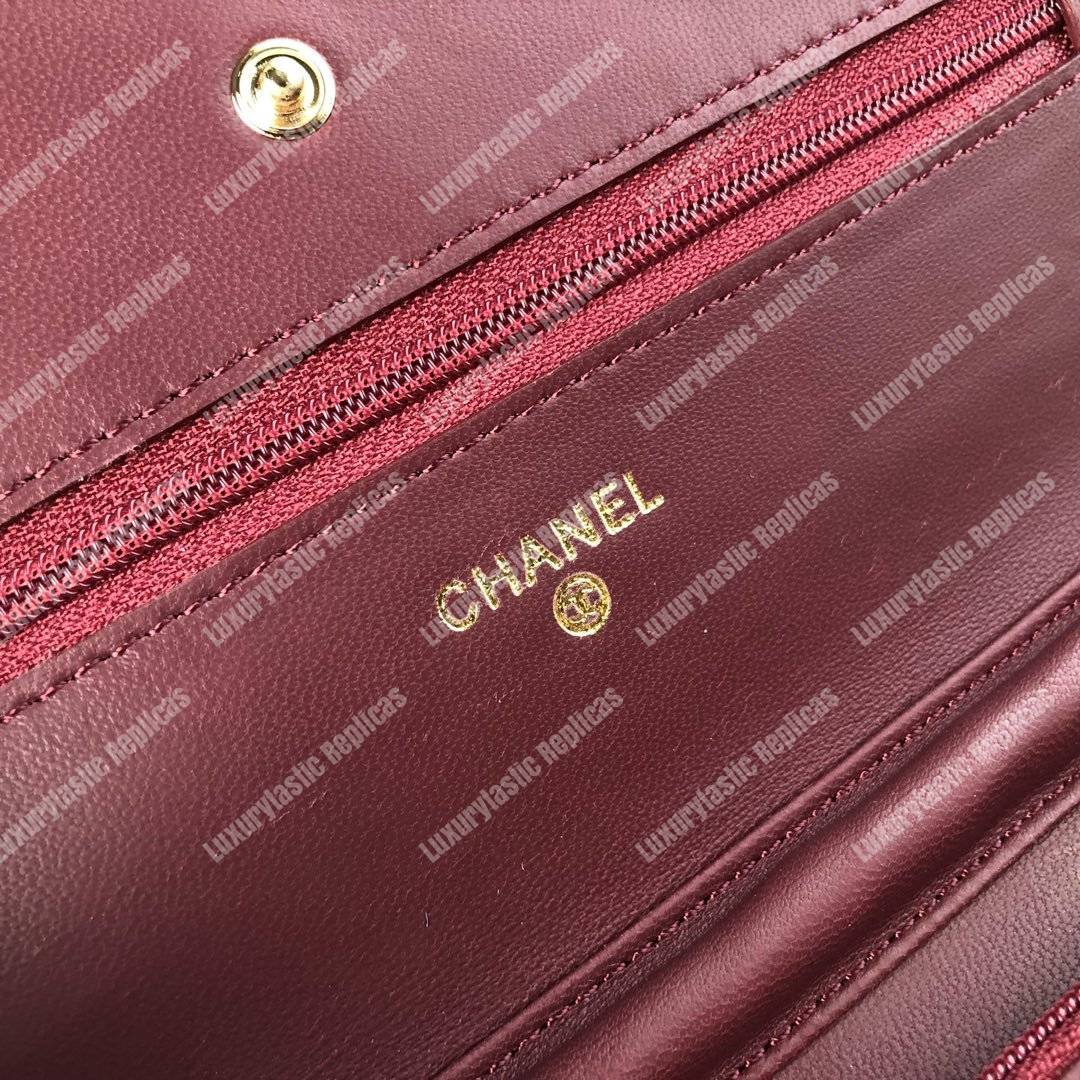 Ch*el wallet on chain – woc chevron lambskin maroon gold-toned