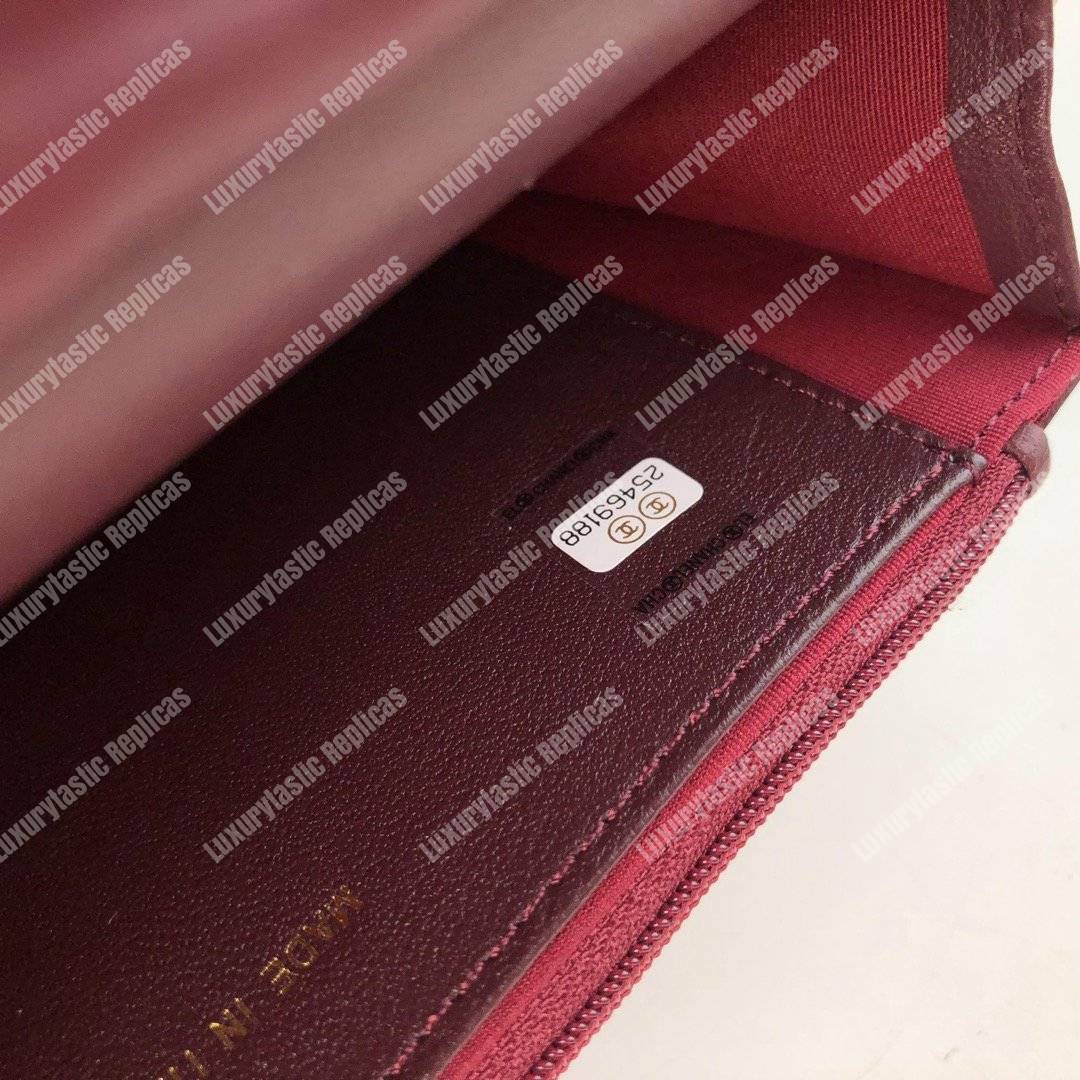 Ch*el wallet on chain – woc chevron lambskin maroon gold-toned