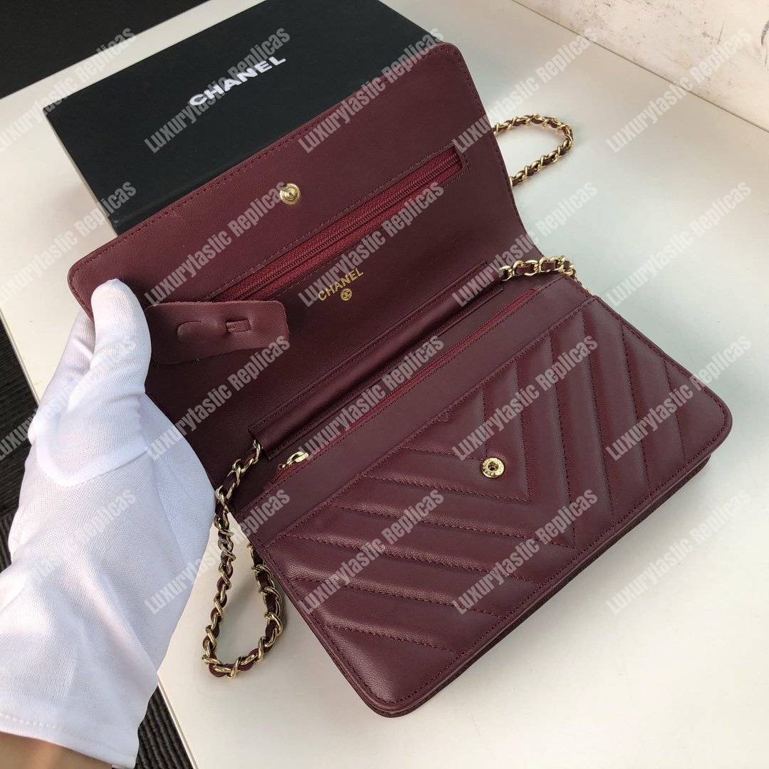 Ch*el wallet on chain – woc chevron lambskin maroon gold-toned