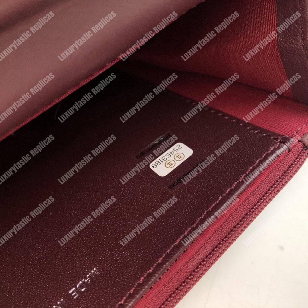 Ch*el wallet on chain – woc chevron lambskin maroon silver-toned