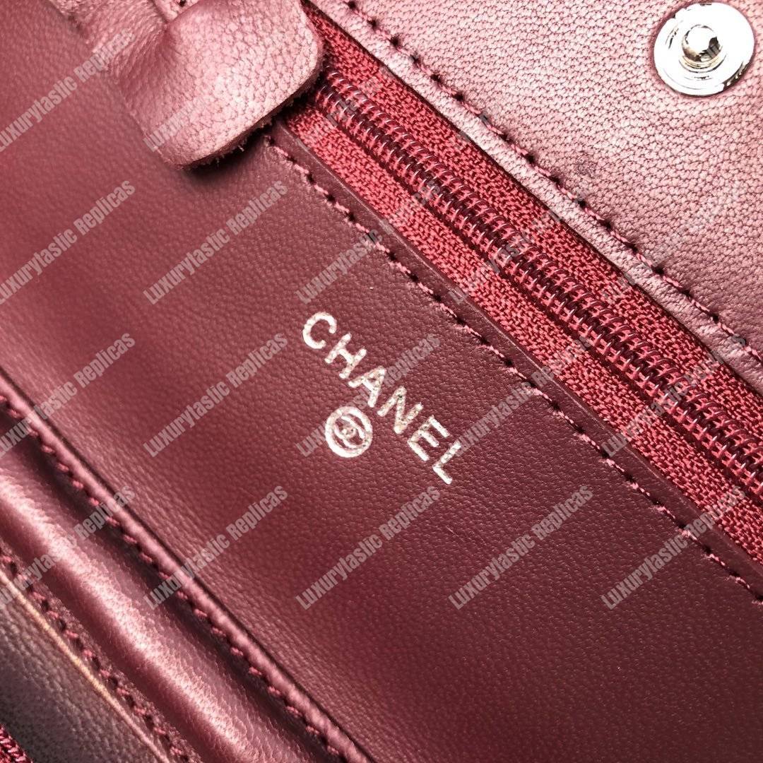 Ch*el wallet on chain – woc chevron lambskin maroon silver-toned