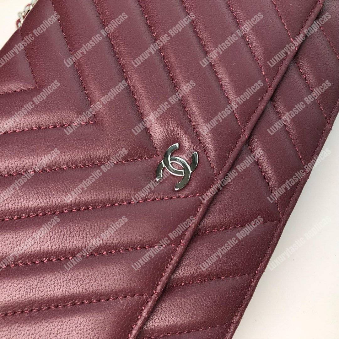 Ch*el wallet on chain – woc chevron lambskin maroon silver-toned