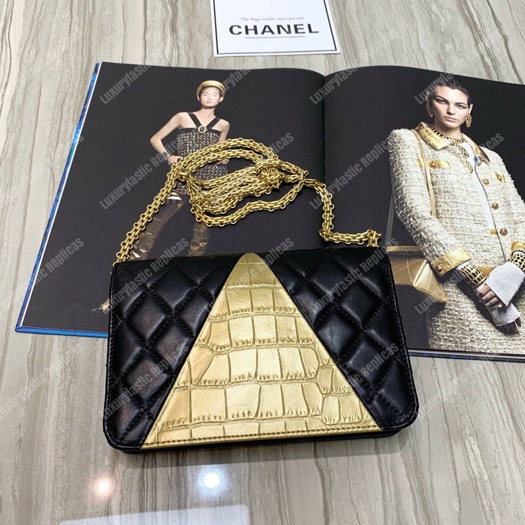 Ch*el wallet on chain – woc lambskin & crocodile-embossed leather egyptian