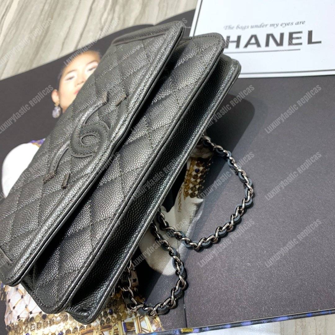 Ch*el wallet on chain – woc cc filigree grey grained calfskin