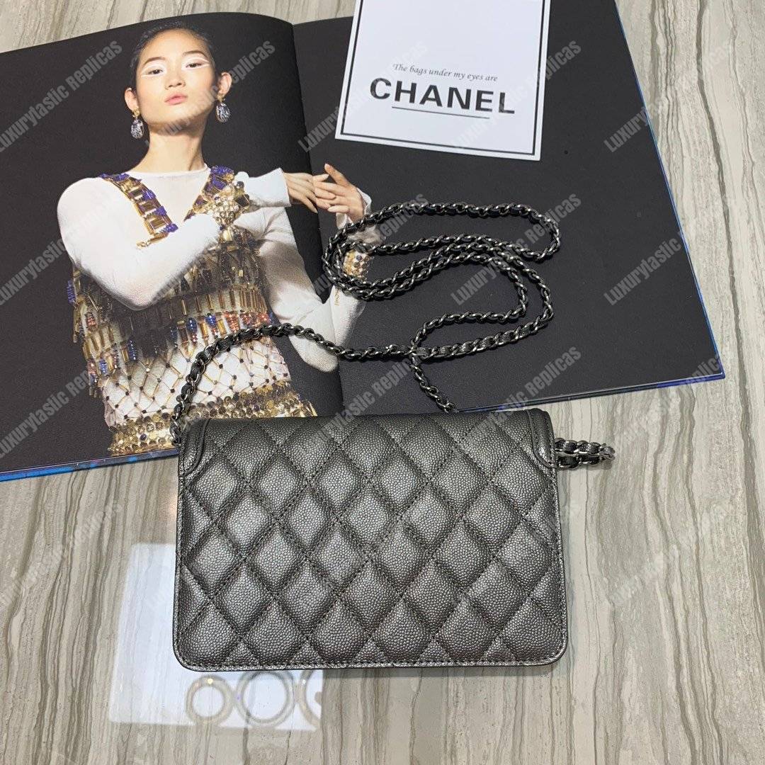 Ch*el wallet on chain – woc cc filigree grey grained calfskin