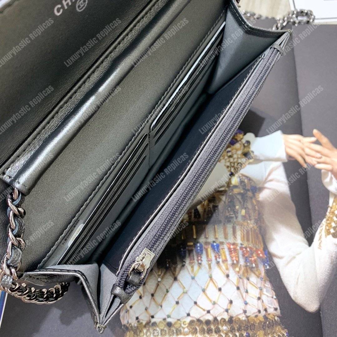 Ch*el wallet on chain – woc cc filigree grey grained calfskin