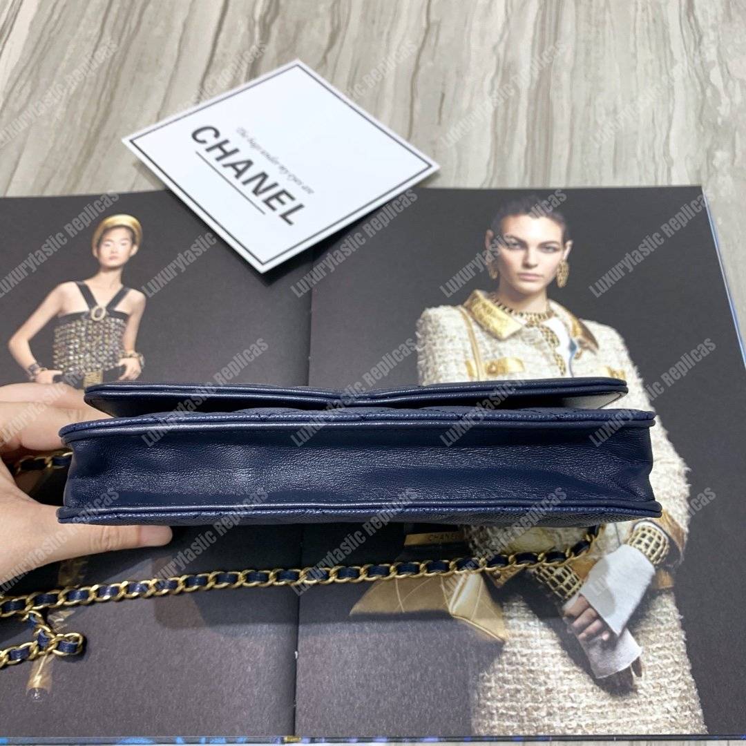 Ch*el wallet on chain – woc cc filigree dark blue grained calfskin