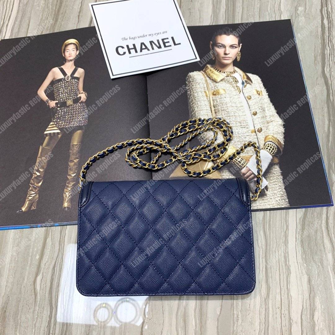 Ch*el wallet on chain – woc cc filigree dark blue grained calfskin