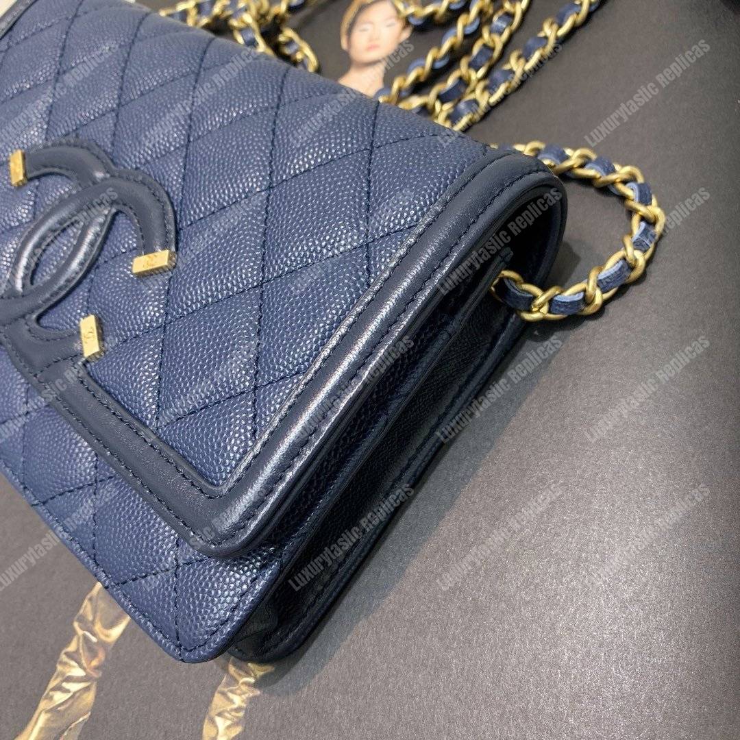 Ch*el wallet on chain – woc cc filigree dark blue grained calfskin