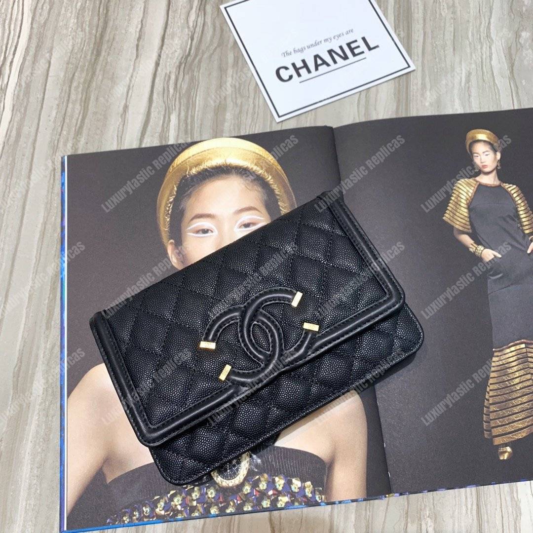 Ch*el wallet on chain – woc cc filigree black grained calfskin