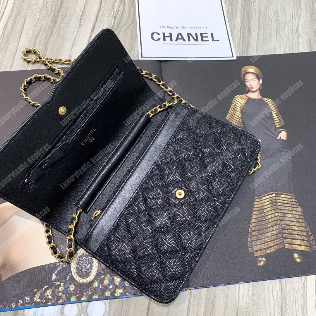 Ch*el wallet on chain – woc cc filigree black grained calfskin