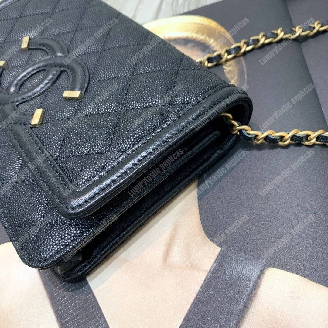 Ch*el wallet on chain – woc cc filigree black grained calfskin