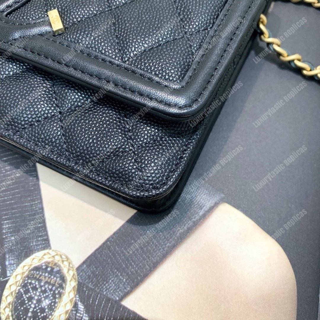 Ch*el wallet on chain – woc cc filigree black grained calfskin