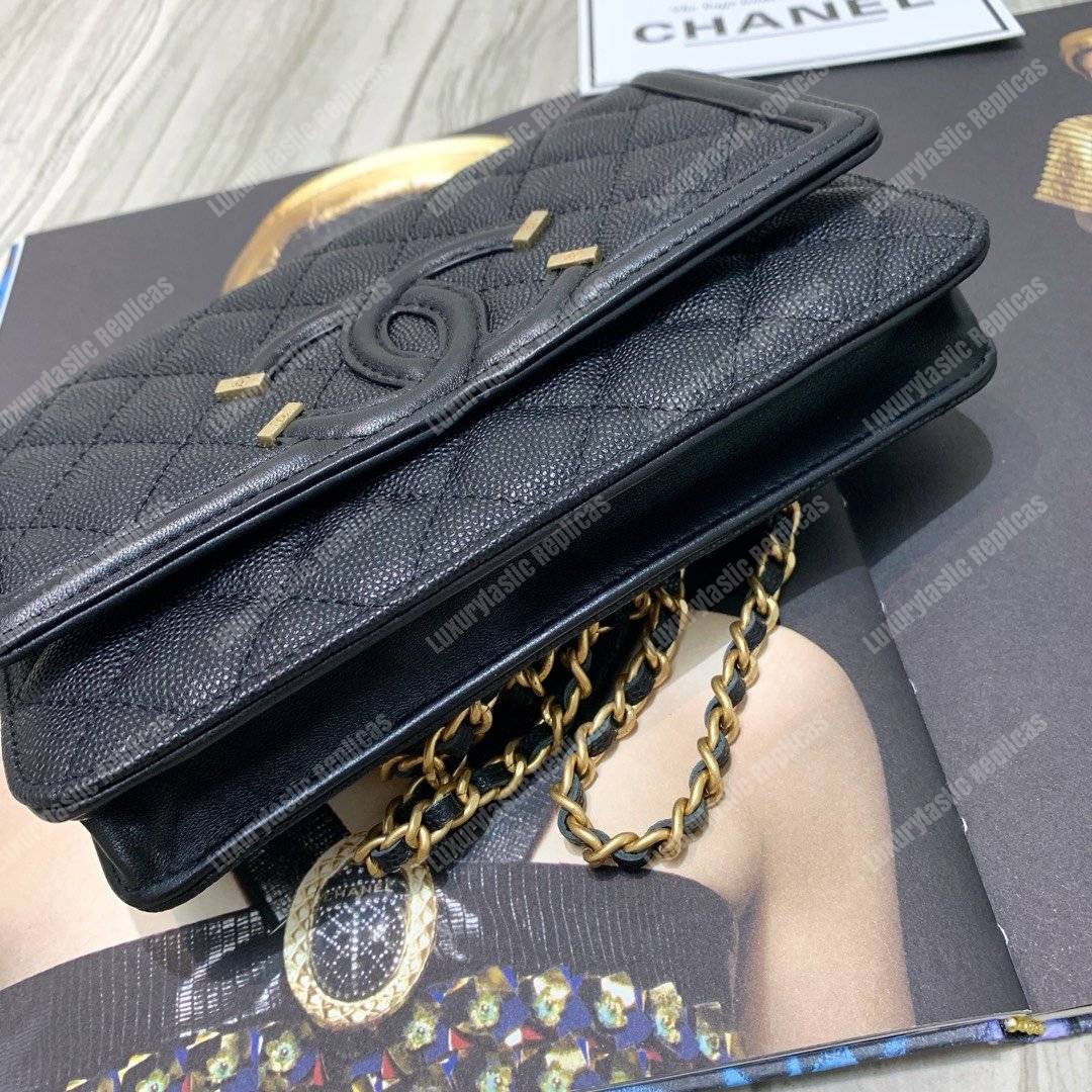Ch*el wallet on chain – woc cc filigree black grained calfskin
