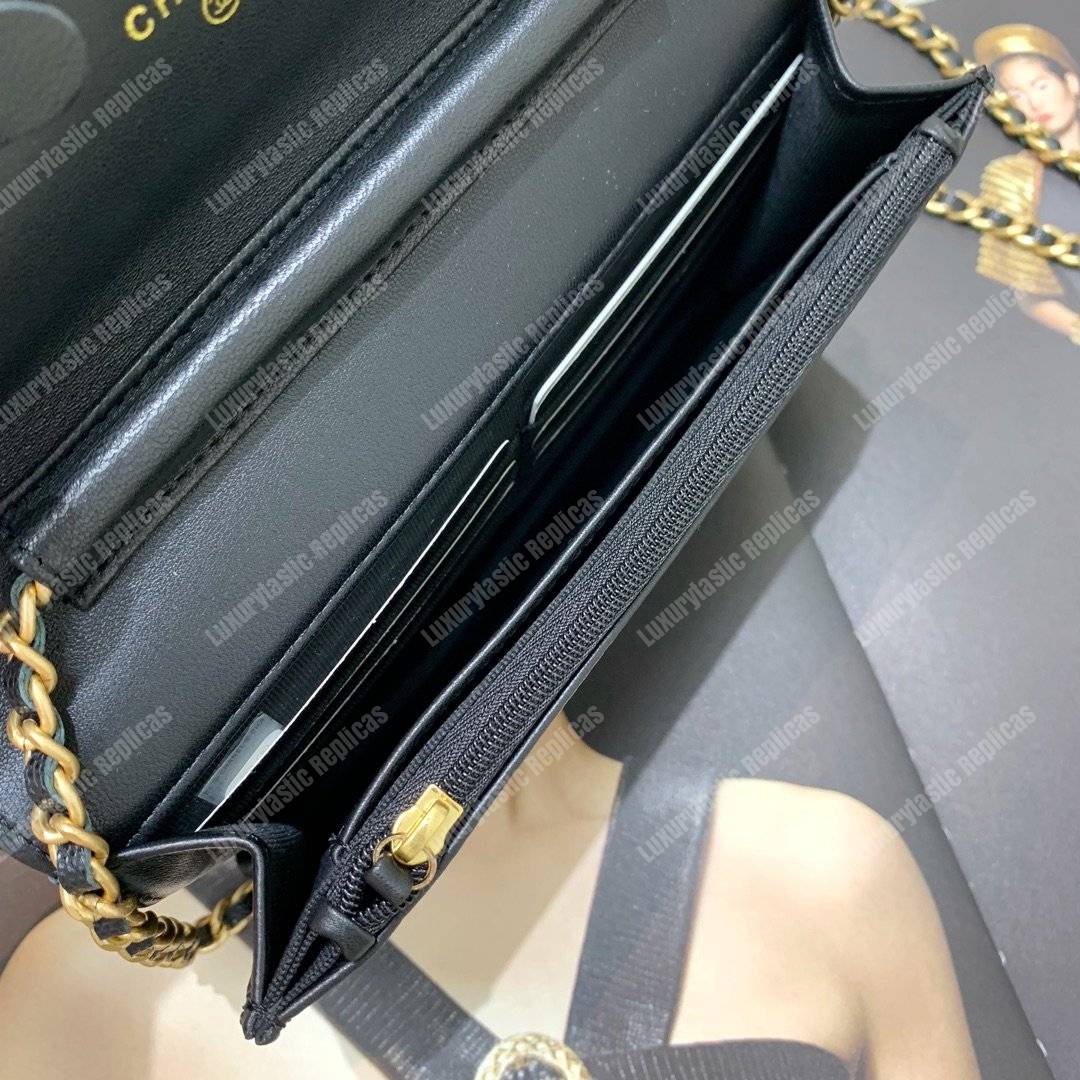 Ch*el wallet on chain – woc cc filigree black grained calfskin