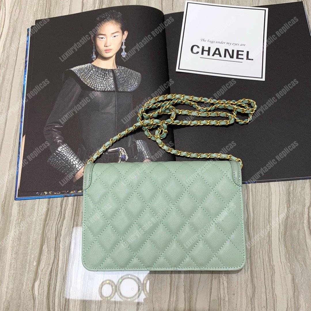 Ch*el wallet on chain – woc cc filigree seafoam green grained calfskin