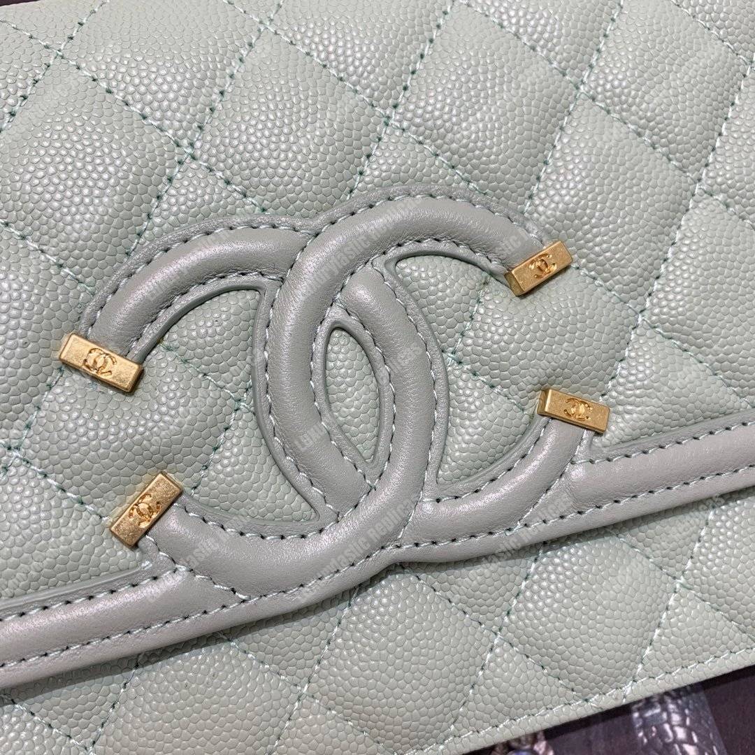 Ch*el wallet on chain – woc cc filigree seafoam green grained calfskin