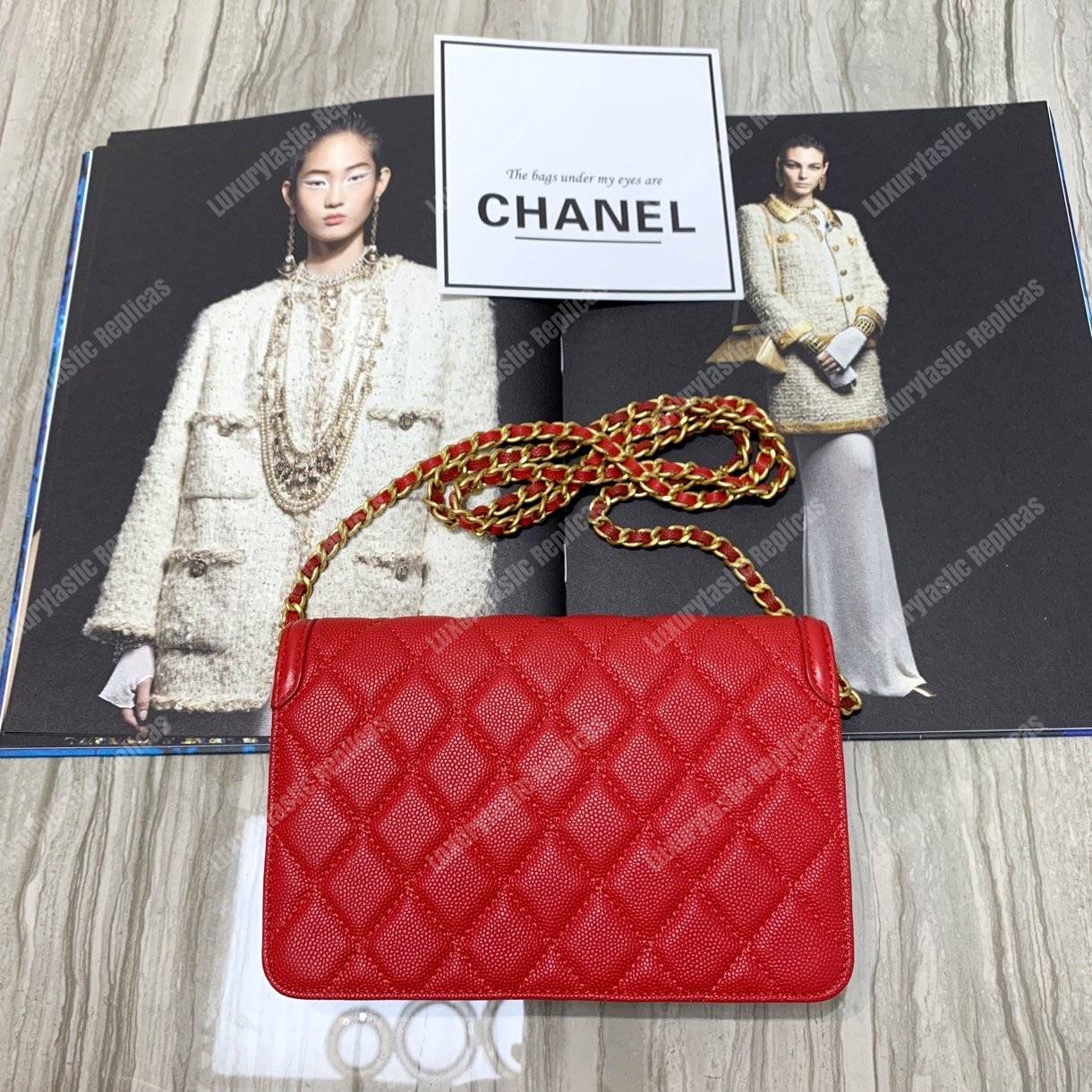 Ch*el wallet on chain – woc cc filigree red grained calfskin
