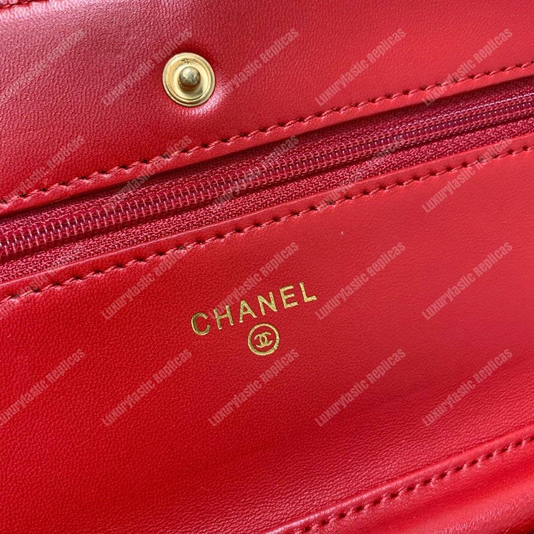 Ch*el wallet on chain – woc cc filigree red grained calfskin