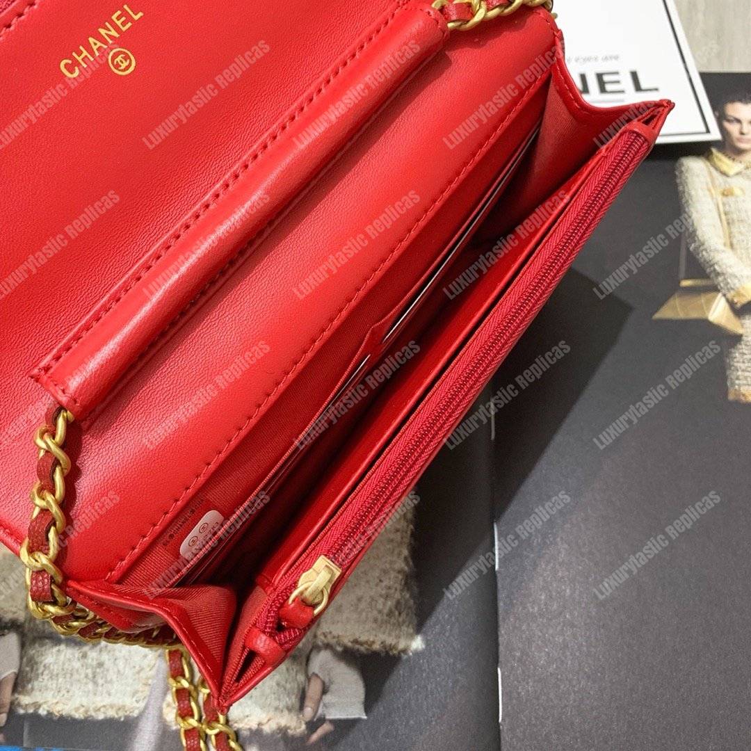 Ch*el wallet on chain – woc cc filigree red grained calfskin