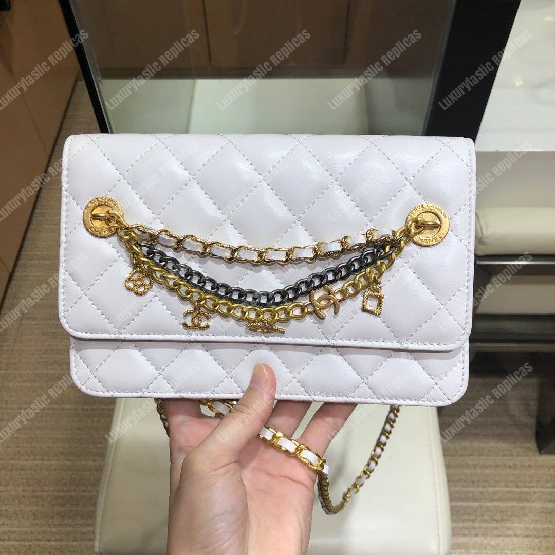 Ch*el wallet on chain – woc lambskin white braided chains