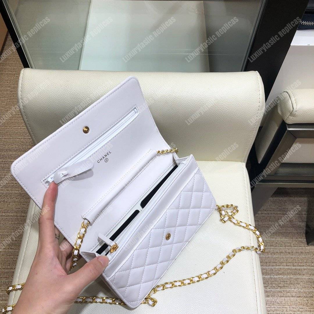 Ch*el wallet on chain – woc lambskin white braided chains