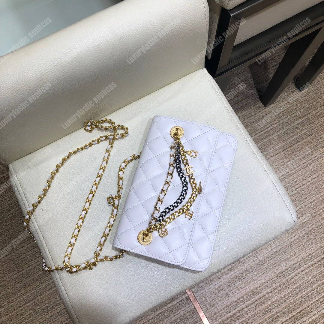 Ch*el wallet on chain – woc lambskin white braided chains