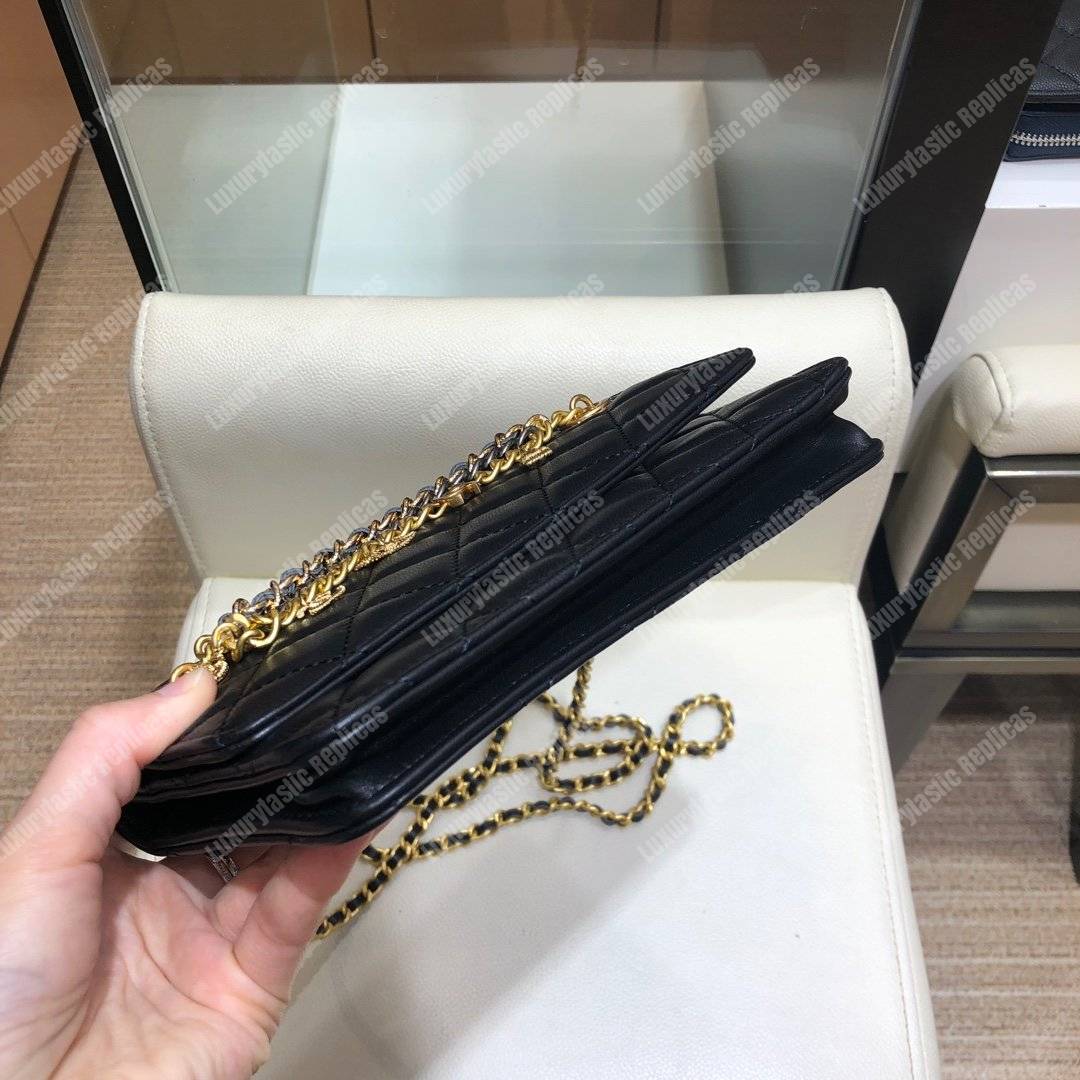 Ch*el wallet on chain – woc lambskin black braided chains