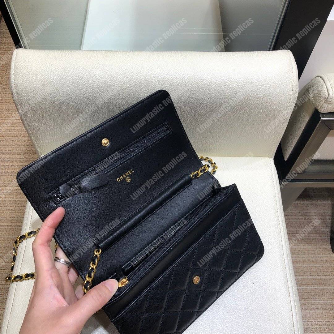 Ch*el wallet on chain – woc lambskin black braided chains