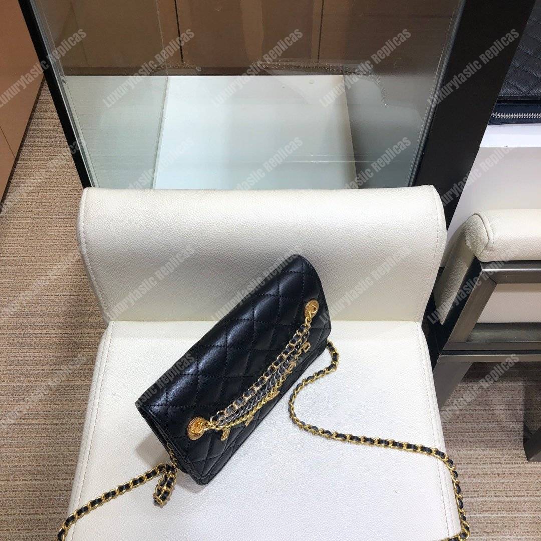 Ch*el wallet on chain – woc lambskin black braided chains