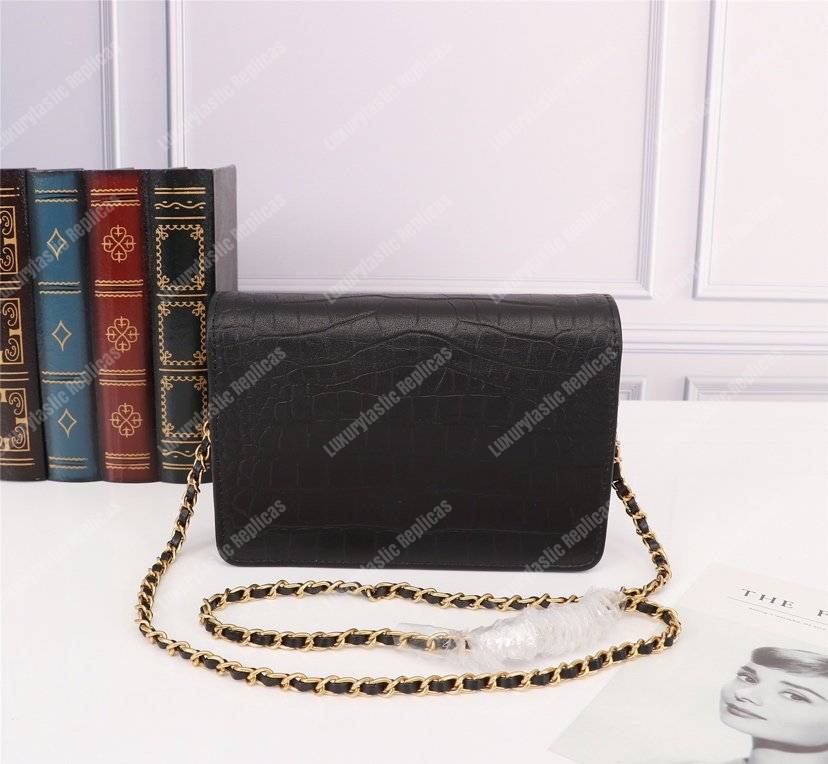 Ch*el gabrielle wallet on chain – woc crocodile embossed leather black