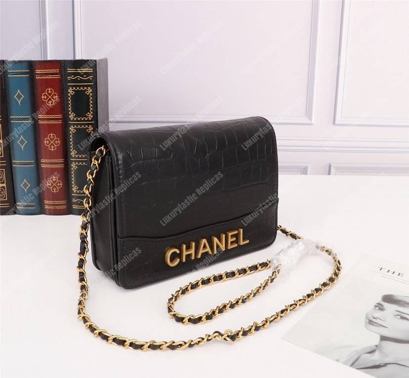 Ch*el gabrielle wallet on chain – woc crocodile embossed leather black