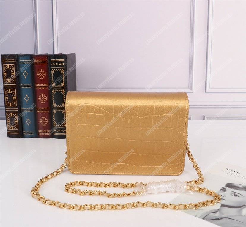 Ch*el gabrielle wallet on chain – woc crocodile embossed leather gold