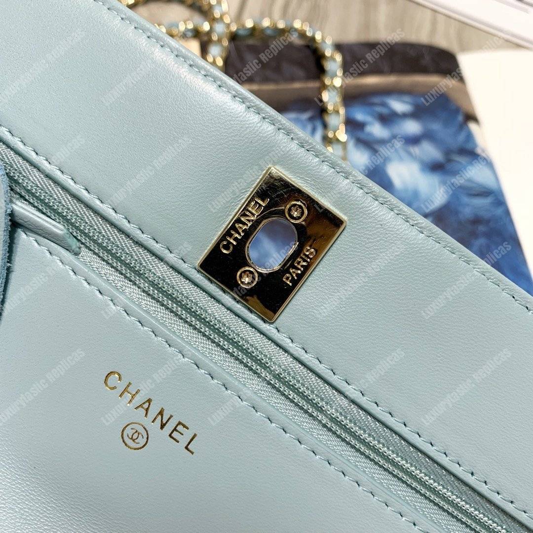 Ch*el wallet on chain – woc chevron lambskin gold-toned metal light blue