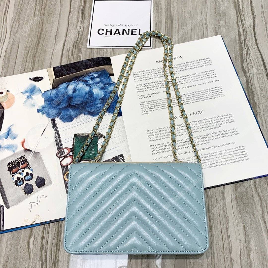 Ch*el wallet on chain – woc chevron lambskin gold-toned metal light blue