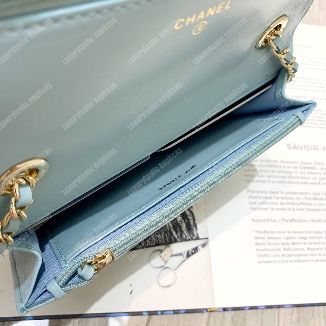 Ch*el wallet on chain – woc chevron lambskin gold-toned metal light blue