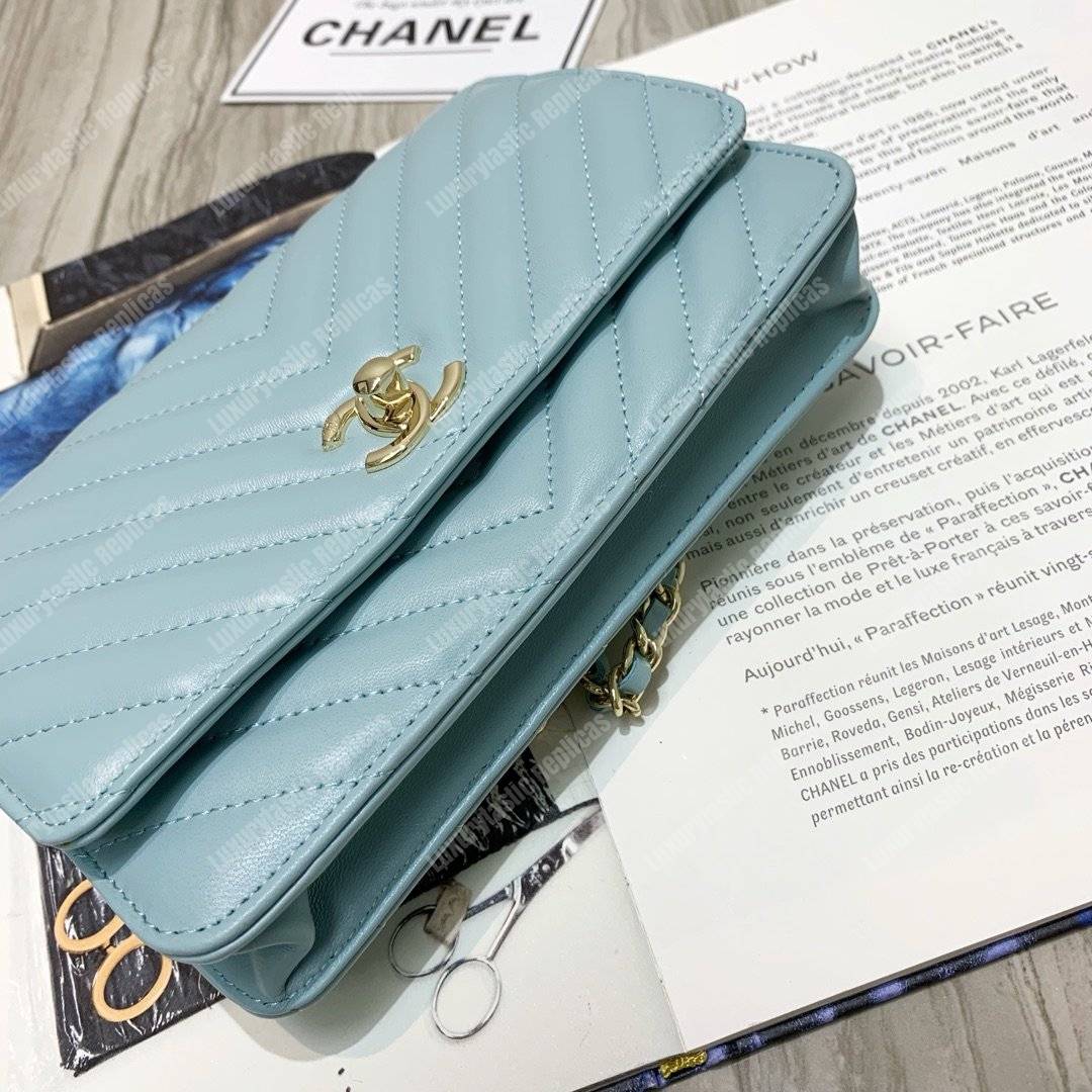 Ch*el wallet on chain – woc chevron lambskin gold-toned metal light blue