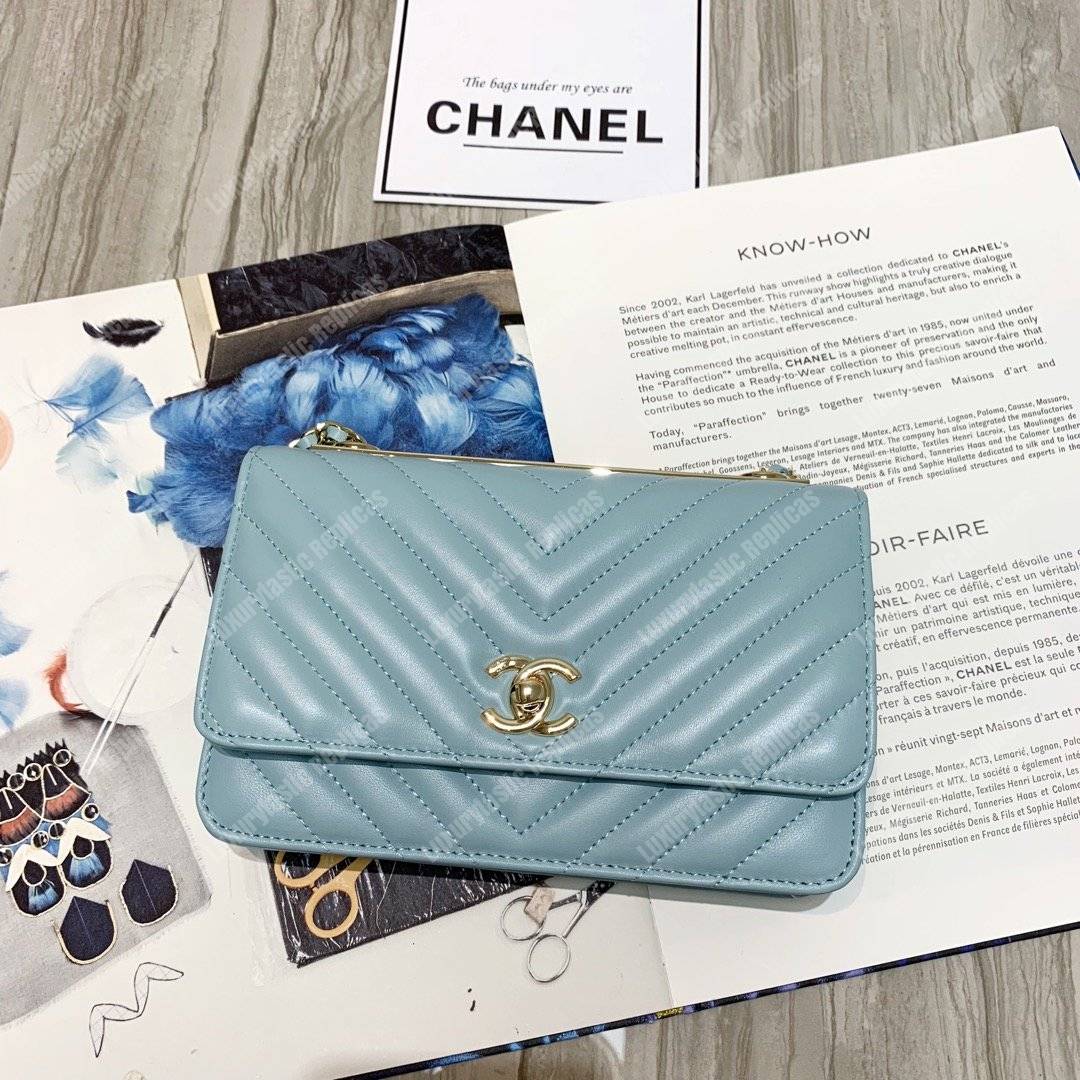 Ch*el wallet on chain – woc chevron lambskin gold-toned metal light blue