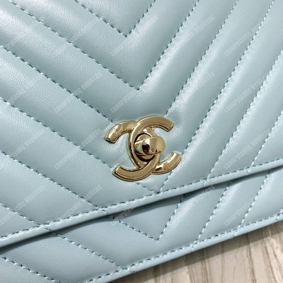 Ch*el wallet on chain – woc chevron lambskin gold-toned metal light blue