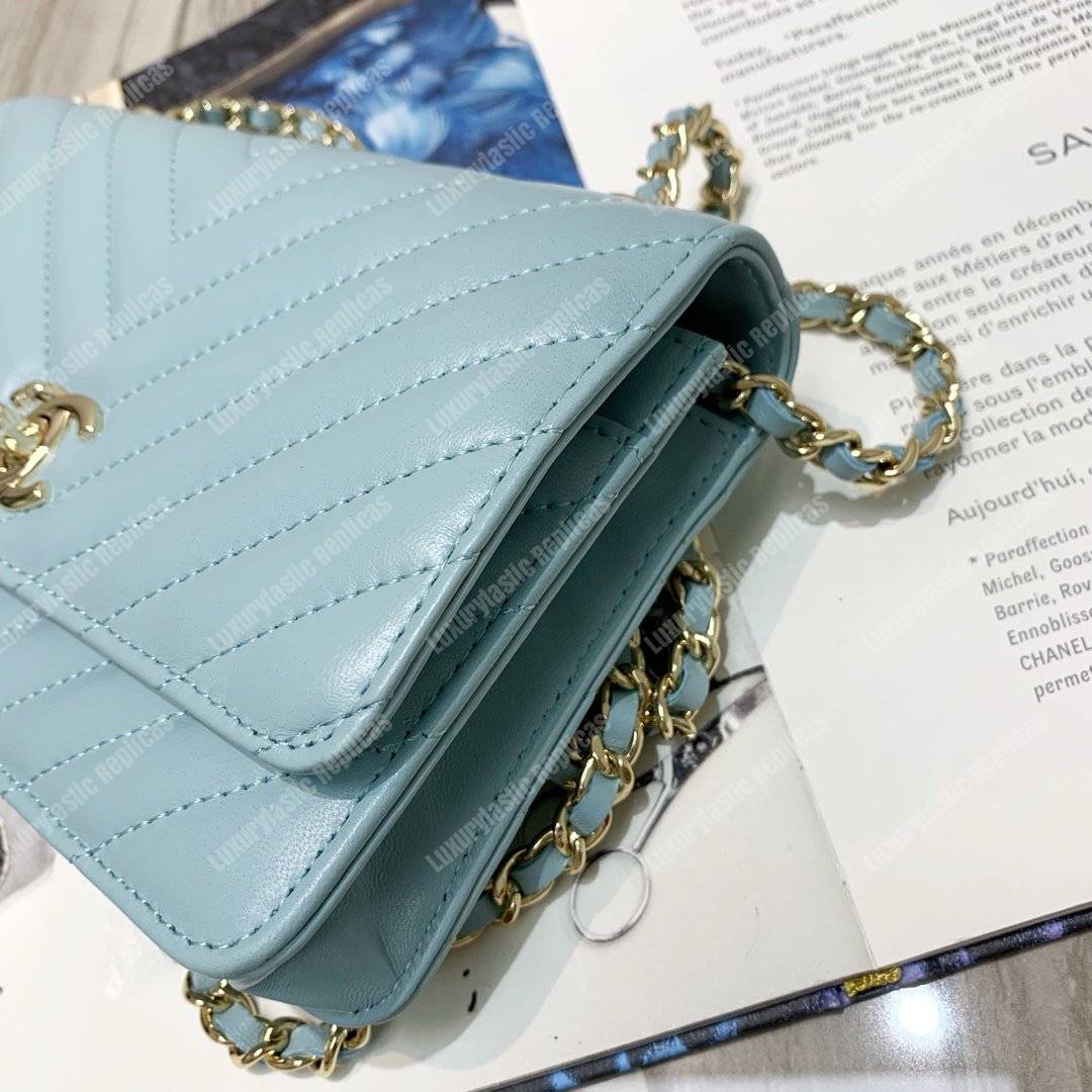 Ch*el wallet on chain – woc chevron lambskin gold-toned metal light blue