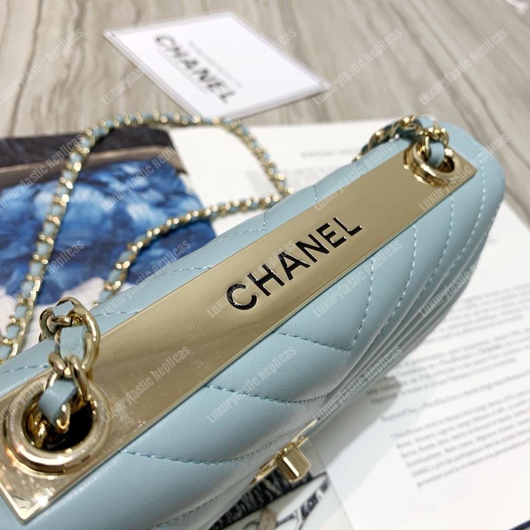 Ch*el wallet on chain – woc chevron lambskin gold-toned metal light blue