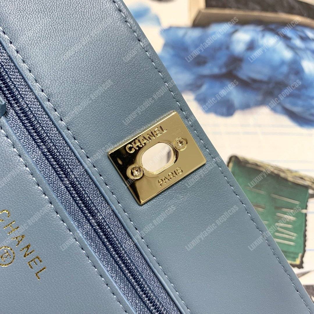 Ch*el wallet on chain – woc chevron lambskin gold-toned metal airforce blue