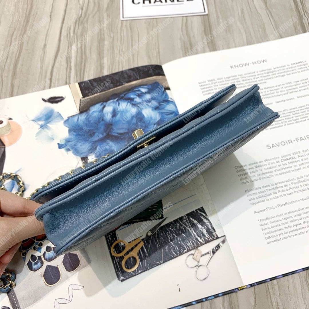 Ch*el wallet on chain – woc chevron lambskin gold-toned metal airforce blue