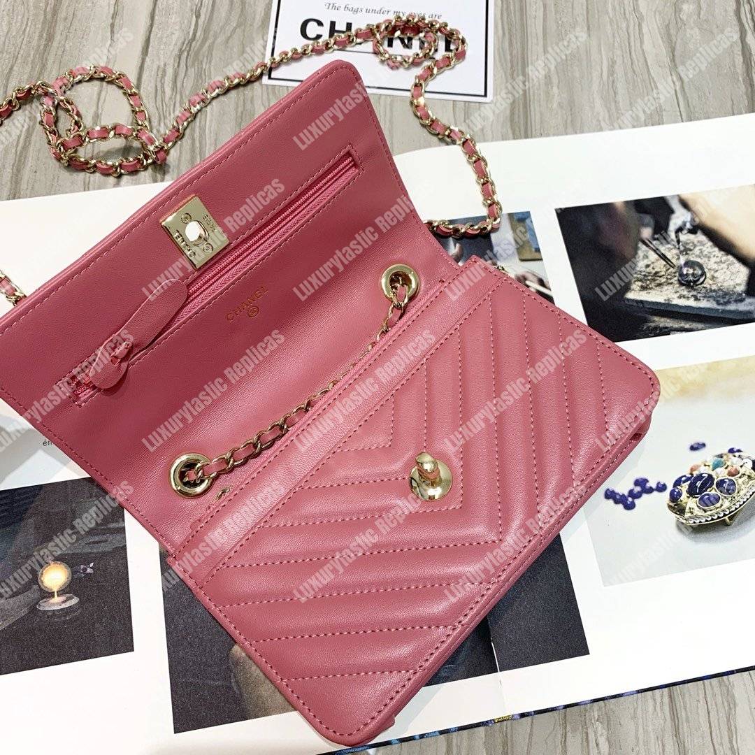Ch*el wallet on chain – woc chevron lambskin gold-toned metal peach pink