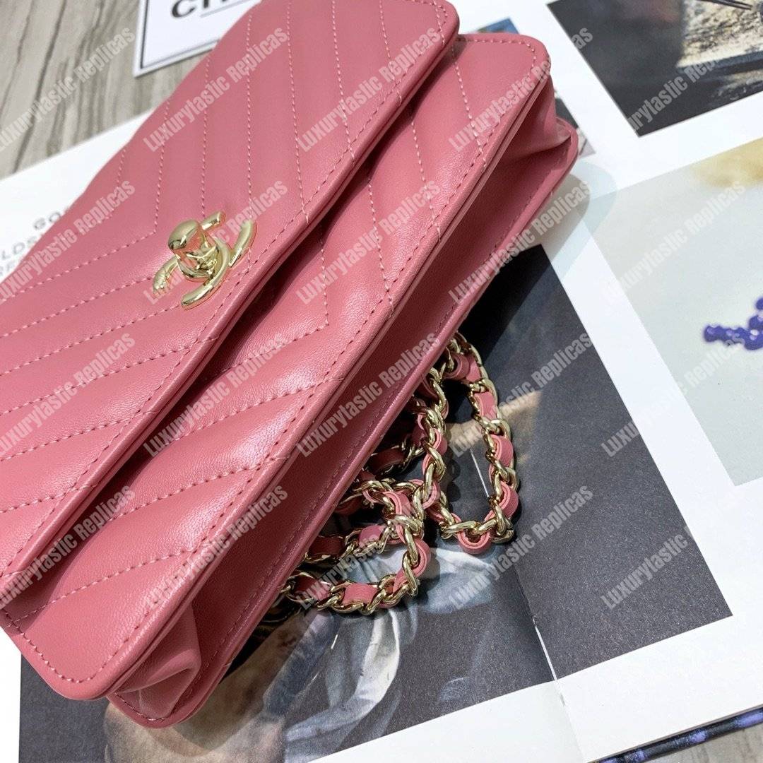 Ch*el wallet on chain – woc chevron lambskin gold-toned metal peach pink