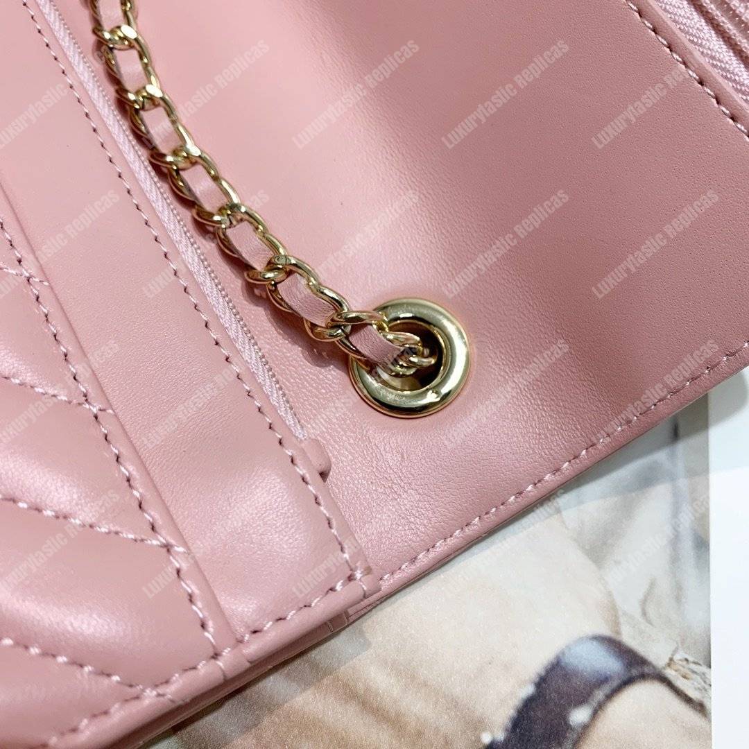 Ch*el wallet on chain – woc chevron lambskin gold-toned metal pink