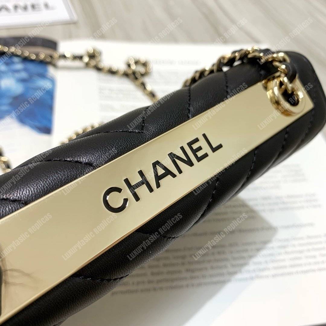 Ch*el wallet on chain – woc chevron lambskin gold-toned metal black