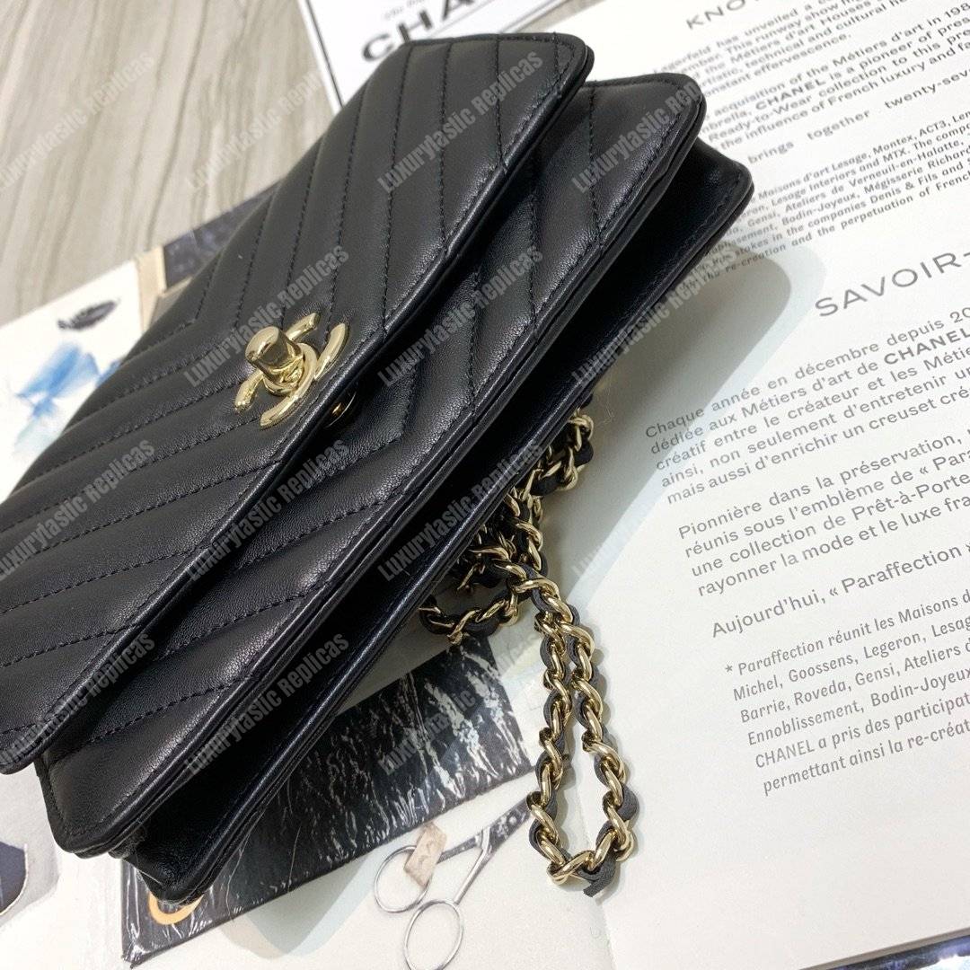 Ch*el wallet on chain – woc chevron lambskin gold-toned metal black